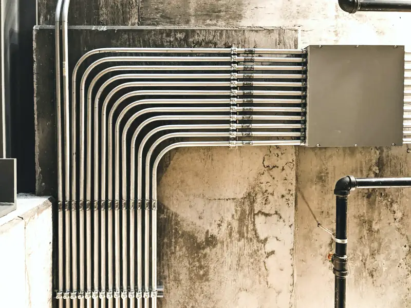 Plumber tightening a supply connection under a kitchen sink with a wrench
